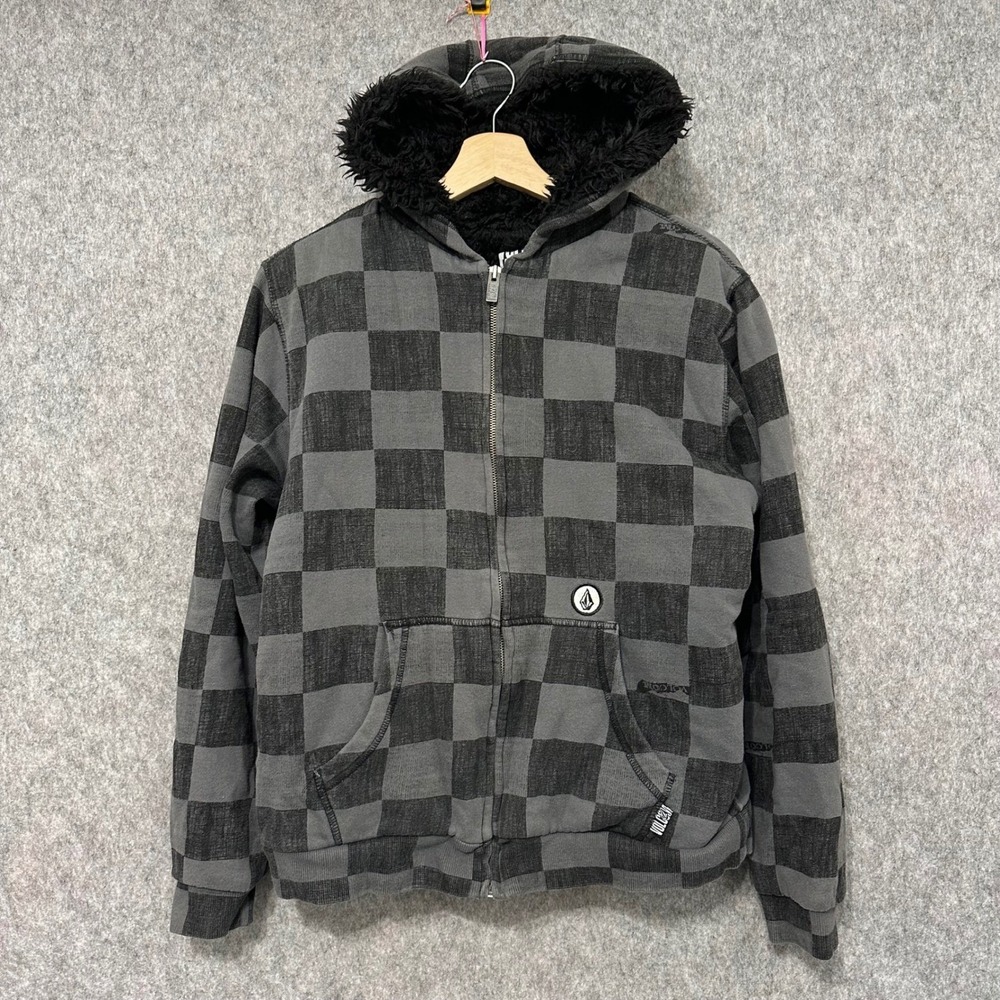 Y2K Volcom Youth Checkered Faux‎ Fur Lined Hoodie Jacket Kids XL